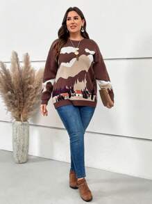 EMERY ROSE 大碼景觀圖案落肩袖套頭毛衣 - 彩色 - 查看 3