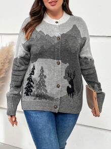 EMERY ROSE Plus Tree Pattern Drop Shoulder Cardigan - Grey - View 1