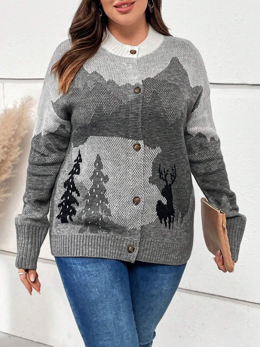 EMERY ROSE Plus Tree Pattern Drop Shoulder Cardigan - Grey - View 1