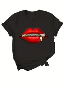 Lip Print Short Sleeve Tee - Black - View 1