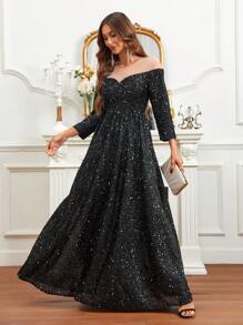 SHEIN Belle Off Shoulder Sequin Formal Dress - Black - View 1
