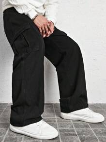 Claim Dot 男式字母贴片细节翻盖口袋侧牛仔裤，纯色长款宽松工装裤，纯黑色水洗工装裤，适合丈夫、男友礼物，垃圾摇滚 - 黑色 - 查看 6