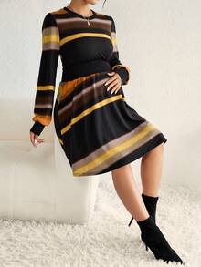 SHEIN Maternity Striped Print A-line Dress - Coffee Brown - View 3