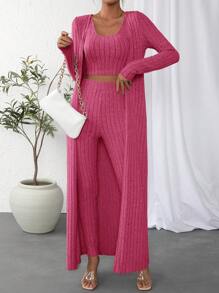 SHEIN Essnce Solid Crop Tank Top & Leggings & Coat - Hot Pink - View 5