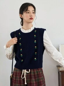 FRIFUL 1pc Floral Pattern Sweater Vest - Navy Blue - View 1