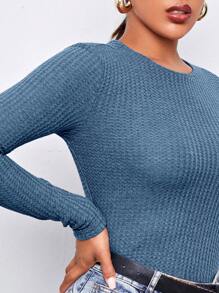 SHEIN Essnce Solid Waffle Knit Tee - Blue - View 5