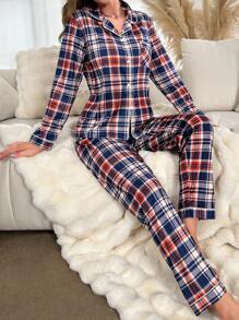 格子印花撞色滚边睡衣套装 / 睡衣套装 - 彩色 - 查看 3