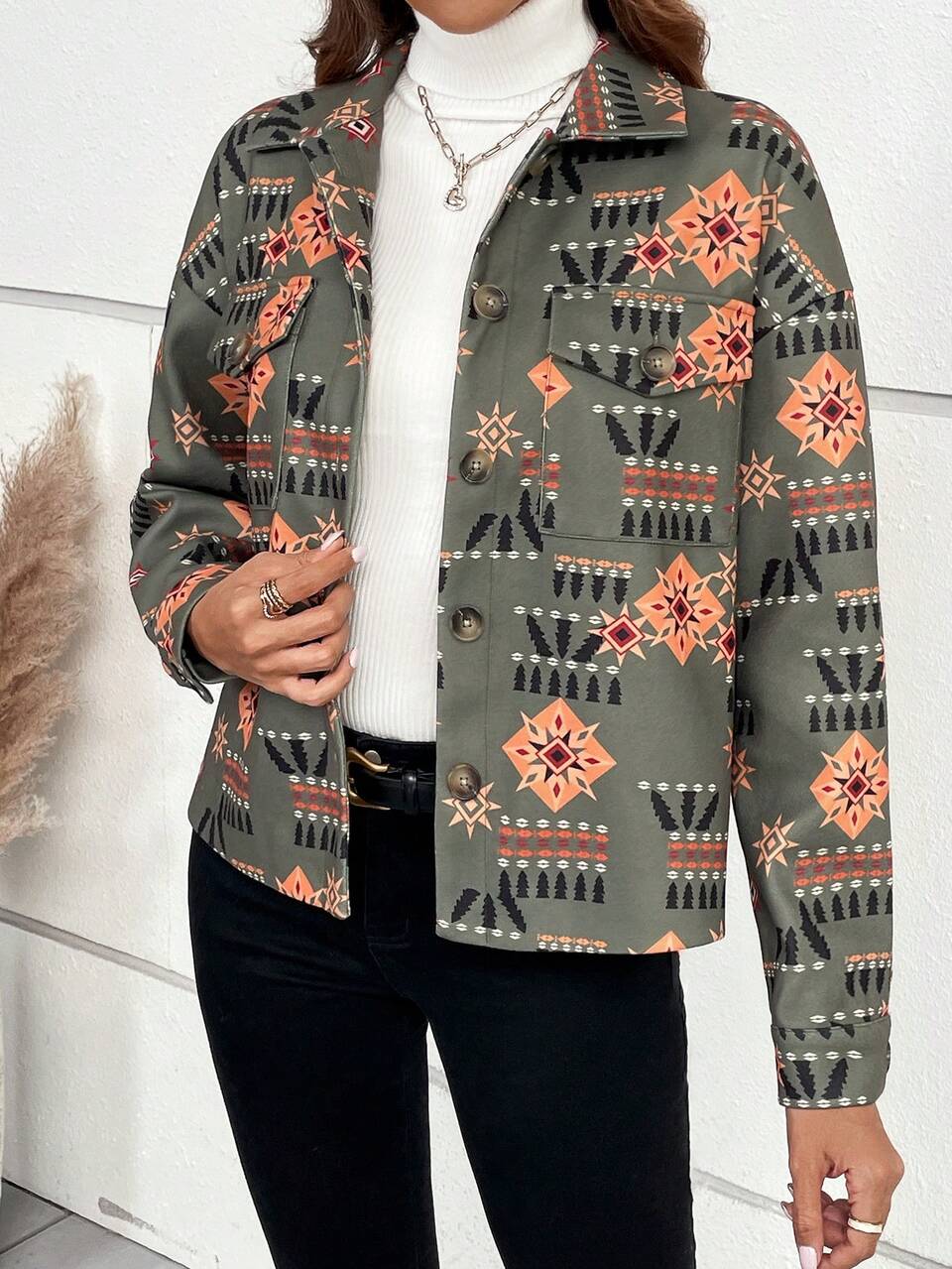 Geo Print Drop Shoulder Flap Pocket Overcoat
