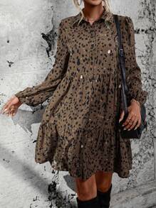 SHEIN LUNE Allover Print Lantern Sleeve Ruffle Hem Smock Dress