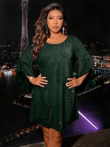 Plus Trumpet Sleeve Glitter Dress - Dark Green - View 5