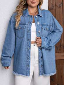 SHEIN LUNE Plus Drop Shoulder Raw Cut Denim Jacket - Light Wash - View 1