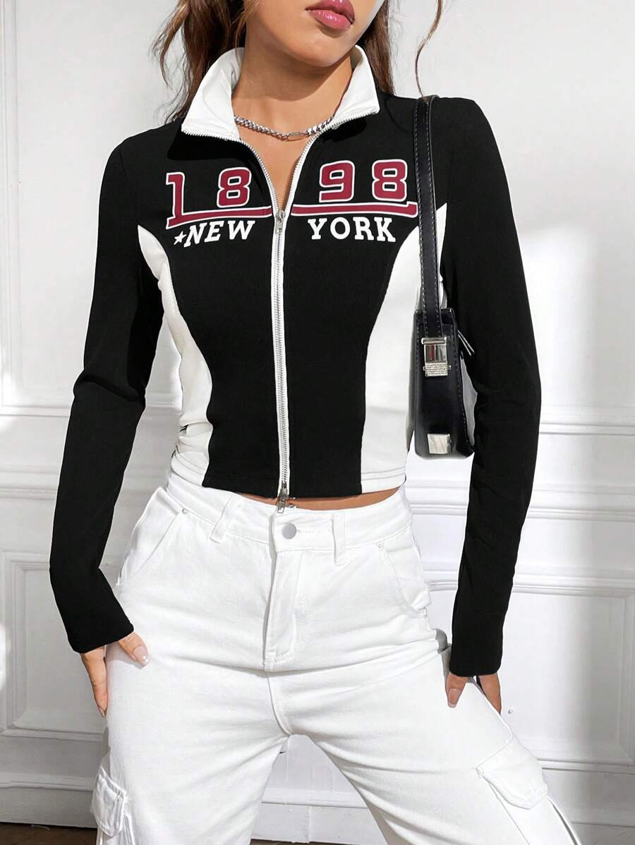 INAWLY Letter Graphic Two Tone Zip Up Crop Tee - Black and White - View 1