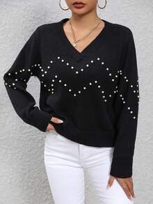 SHEIN Essnce 珍珠珠飾落肩毛衣 - 黑色 - 查看 5