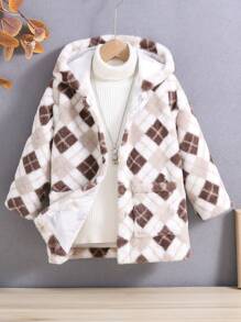 Young Boy Argyle Pattern Dual Pocket Hooded Teddy Lined Hooded Coat Without Sweater - Beige - View 1