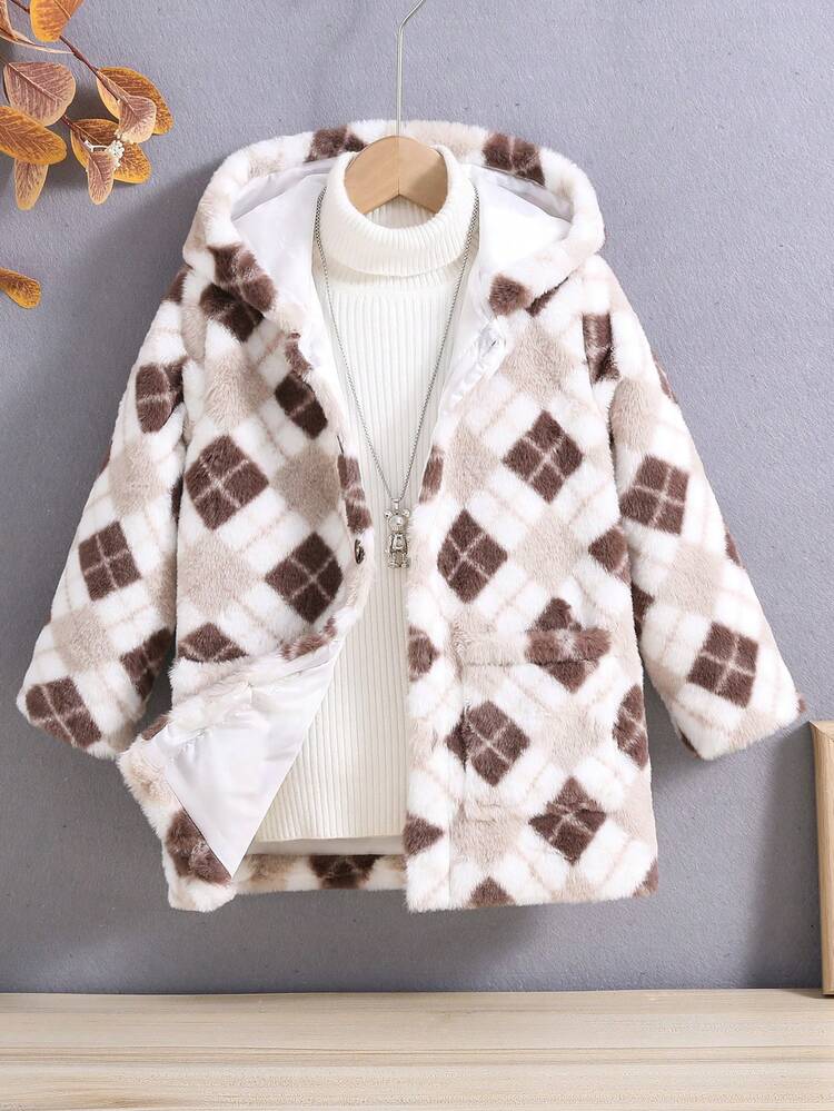 Young Boy Argyle Pattern Dual Pocket Hooded Teddy Lined Hooded Coat Without Sweater