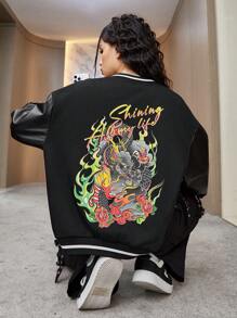 Teen Girl 1pc Letter & Dragon Graphic Striped Trim Drop Shoulder Varsity Jacket - Black - View 1