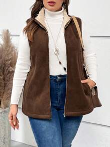 EMERY ROSE Plus Zip Up Vest Coat Without Tee Winter Fall Autumn - Camel - View 1