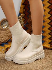 时尚一脚蹬靴女针织踝靴拼布靴厚底靴子冬靴黑色短靴 - 米色 - 查看 1