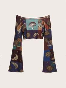 ROMWE Hippie 太陽與月亮印花露肩T恤 - 彩色 - 查看 1