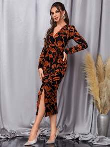 Modelyn Floral Print Ruched Split Thigh Dress - Orange - View 4