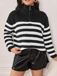 SHEIN Frenchy Plus Striped Pattern Half Zip Drop Shoulder Sweater - Black and White - View 7