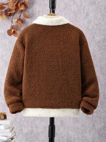 Tween Boy Contrast Collar Drop Shoulder Teddy Coat Without Sweater - Coffee Brown - View 2