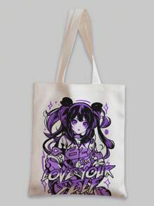 Sapstudio Anime Medium Shopper Bag Slogan Cartoon Figure Graphic For Shopping - Black and White - View 1