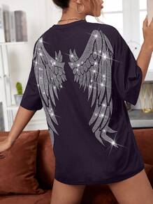 SHEIN EZwear 翅膀水鑽裝飾落肩T恤 - 紫色 - 查看 1