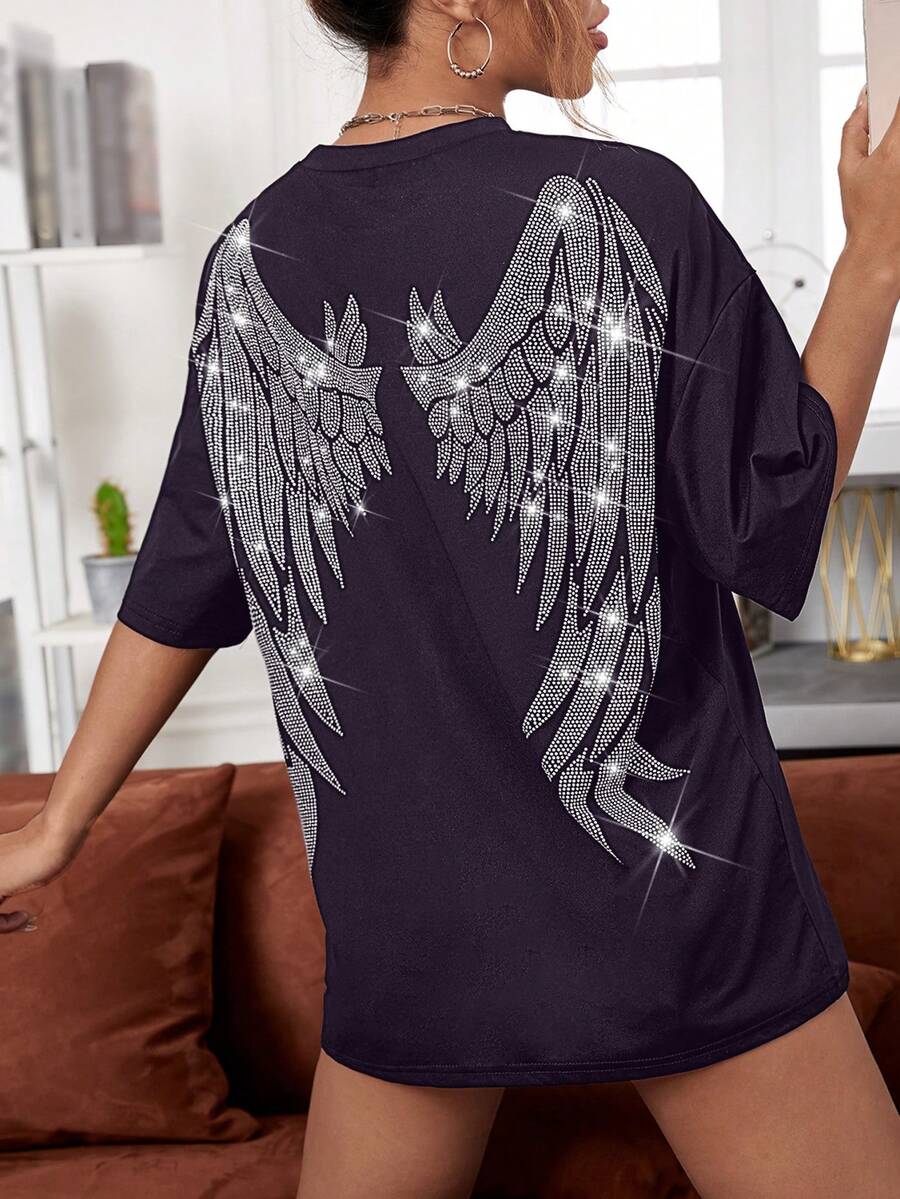 SHEIN EZwear 翅膀水鑽裝飾落肩T恤 - 紫色 - 查看 1