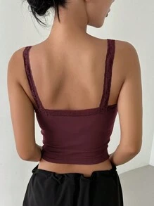 DAZY Lace Trim Button Front Crop Cami Top - Burgundy - View 2