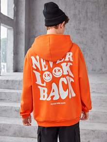 SHEIN Áo nỉ tay trễ vai in hình khẩu hiệu và hoạt hình dành cho thiếu niên nam - trái cam - Xem 6