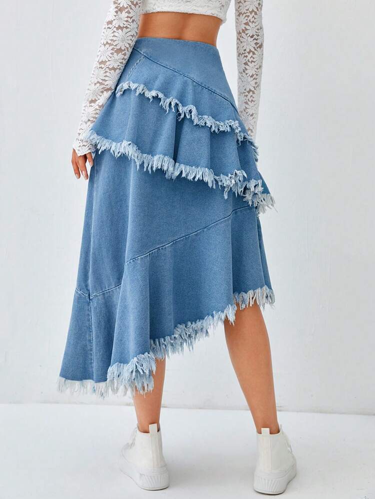 Raw Trim Asymmetrical Hem Denim Skirt