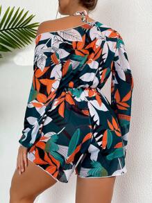 Swim Vcay Summer Beach Tropical Print Halter Triangle Bikini Set With Cover Up - Multicolor - View 2