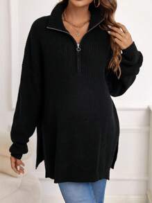 SHEIN Maternity Half Zip Drop Shoulder Split Hem Sweater With Long Sleeve, For Winter