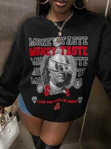 Slaydiva 休闲人物与字母图案落肩女式运动衫 - 黑色 - 查看 4