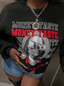 Slaydiva 休闲人物与字母图案落肩女式运动衫 - 黑色 - 查看 6