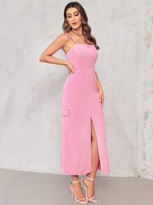 SHEIN Privé 高衩牛仔吊帶洋裝 - 粉色 - 查看 4