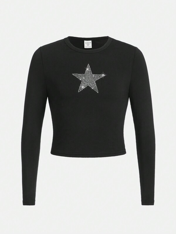 SHEIN Top à manches longues col rond en tricot de taille étendue pour filles pré-adolescentes