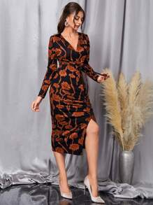 Modelyn Floral Print Ruched Split Thigh Dress - Orange - View 3