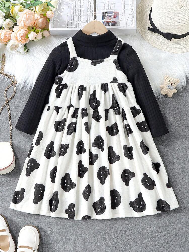 Young Girl Mock Neck Tee & Bear Print Dress