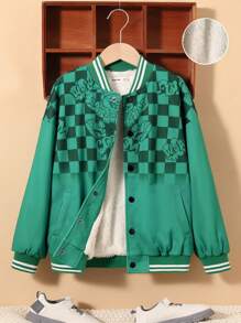 SHEIN Tween Boy Checker & Cartoon Graphic Striped Trim Drop Shoulder Thermal Lined Varsity Jacket - Green - View 1