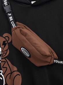 SHEIN 男童泰迪熊图案毛绒连帽卫衣，带斜插口袋和英文印花肩带斜挎包套装，抓绒面料，加厚款 - 棕色 - 查看 9