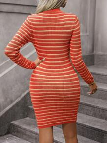 SHEIN Clasi 條紋圖案緊身毛衣洋裝 - 橘色 - 查看 2