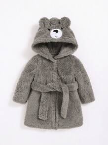 SHEIN Bé sơ sinh Bé trai Hoạt hình Thêu Thiết kế tai 3D Mũ trùm đầu Thắt lưng Áo choàng ngủ Teddy - Xám - Xem 1