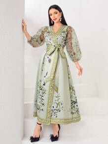Modelyn Floral Print Lantern Sleeve Belted Evening Dress - Mint Green - View 4
