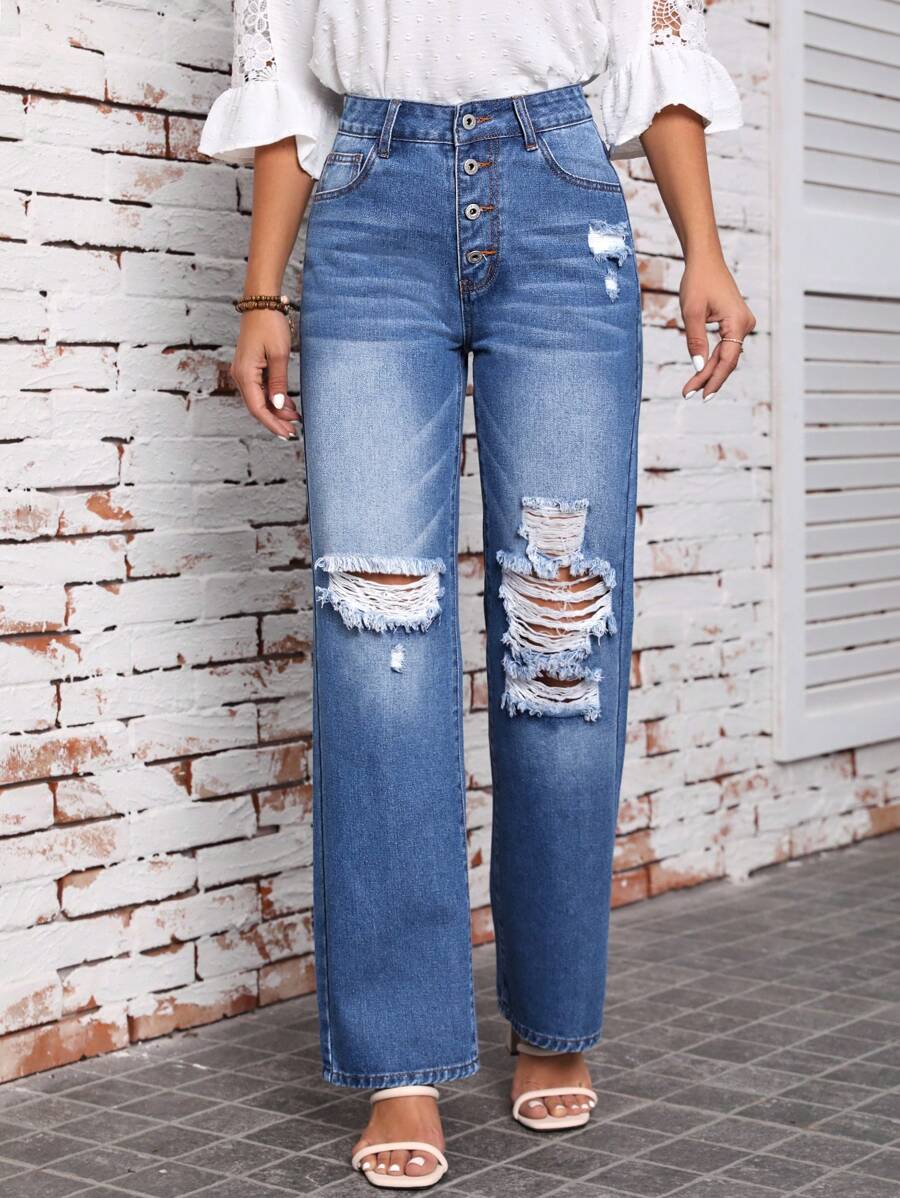 SHEIN LUNE 紐扣門襟破洞直筒牛仔褲 - 藍色 - 查看 1