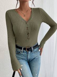 SHEIN Frenchy Button Front Ribbed Knit Bodysuit - Dark Green - View 3