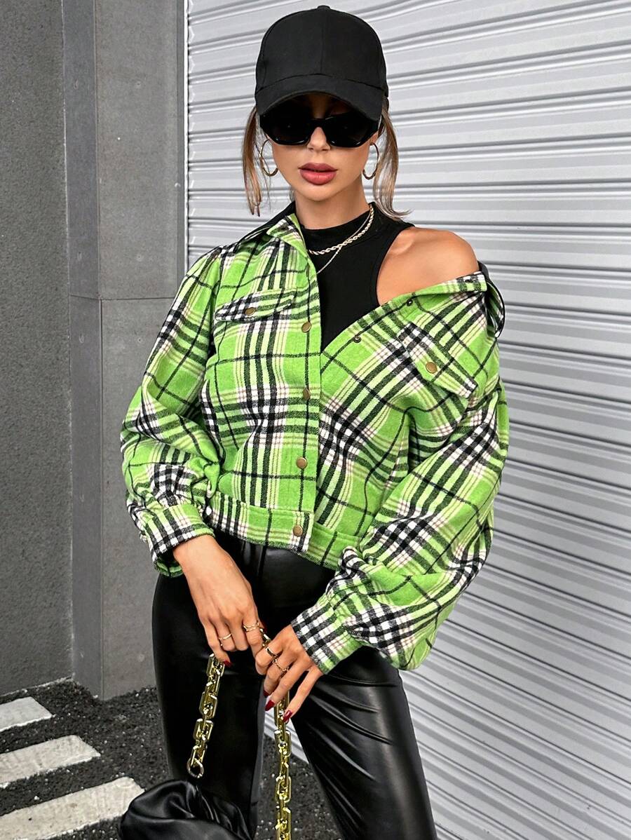 SHEIN Essnce Plaid Print Drop Shoulder Crop Jacket - Green - View 1