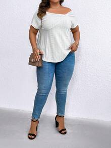 SHEIN LUNE Áo thun thêu lỗ khoét vai Plus - trắng - Xem 3