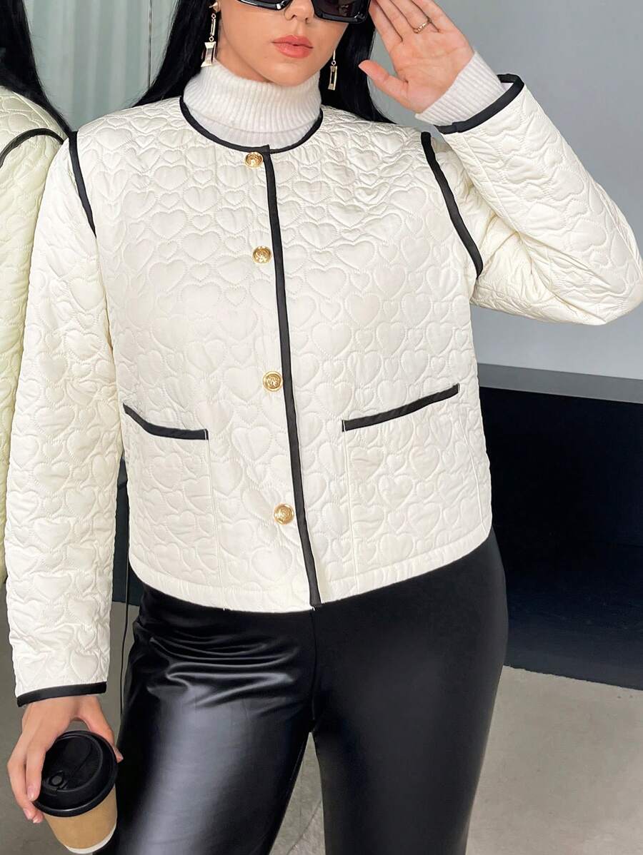 SHEIN Privé Plus Contrast Binding Quilted Coat - Beige - View 1